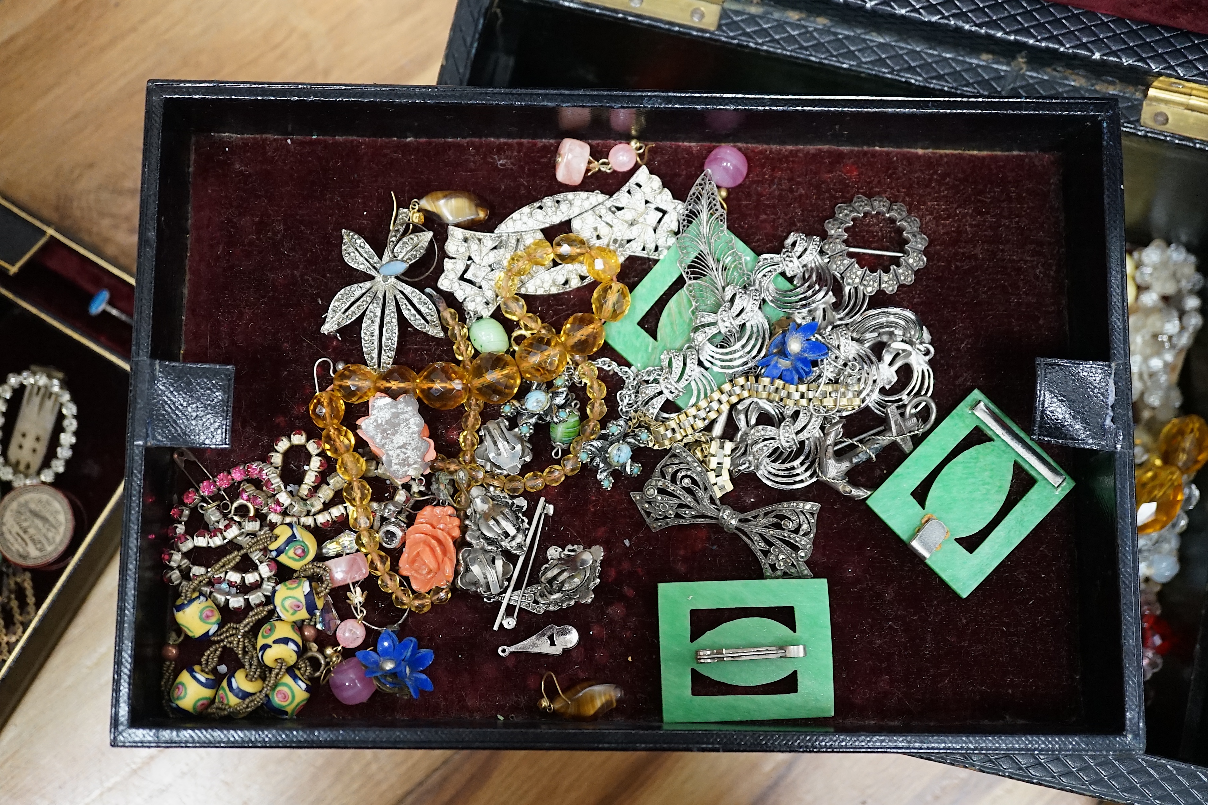 A quantity of assorted 19th century and mainly later costume jewellery and other items including folding tortoiseshell lorgnettes, antimony box, fob seal, silver and hardstone anchor brooch, white metal and enamel rings,